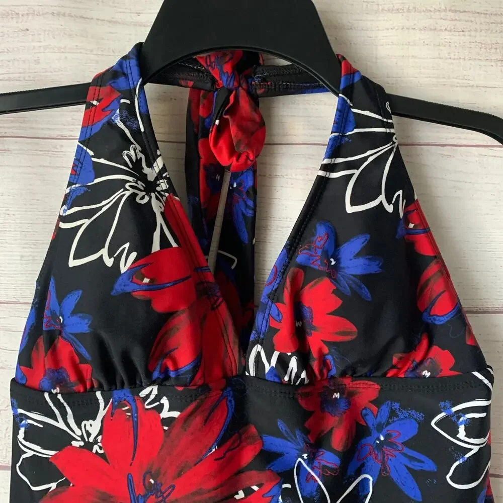 Catalina Floral Halter Tankini Swimsuit Top Red White Blue Size S (4-6)